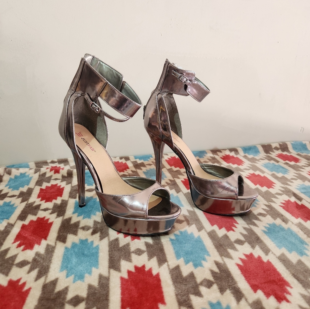 JUSTFAB Pewter Ankle Strap Heels